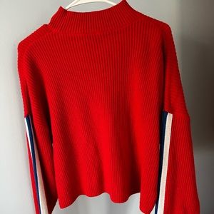 H&M Divided Cropped Red Mock Neck Sweater with Striped Arm Detail